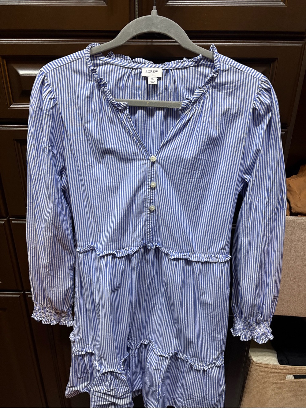 J. Crew Blue and White Vertical Stripe Ruffle Tunic